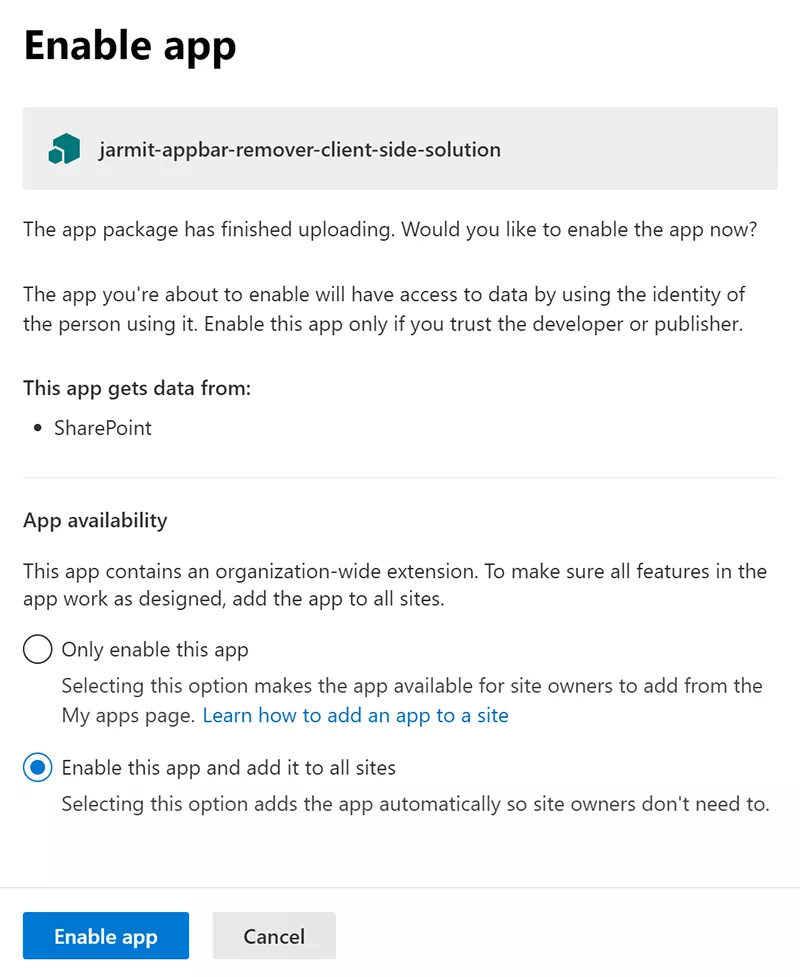 deployment options in tenant app catalog for app bar